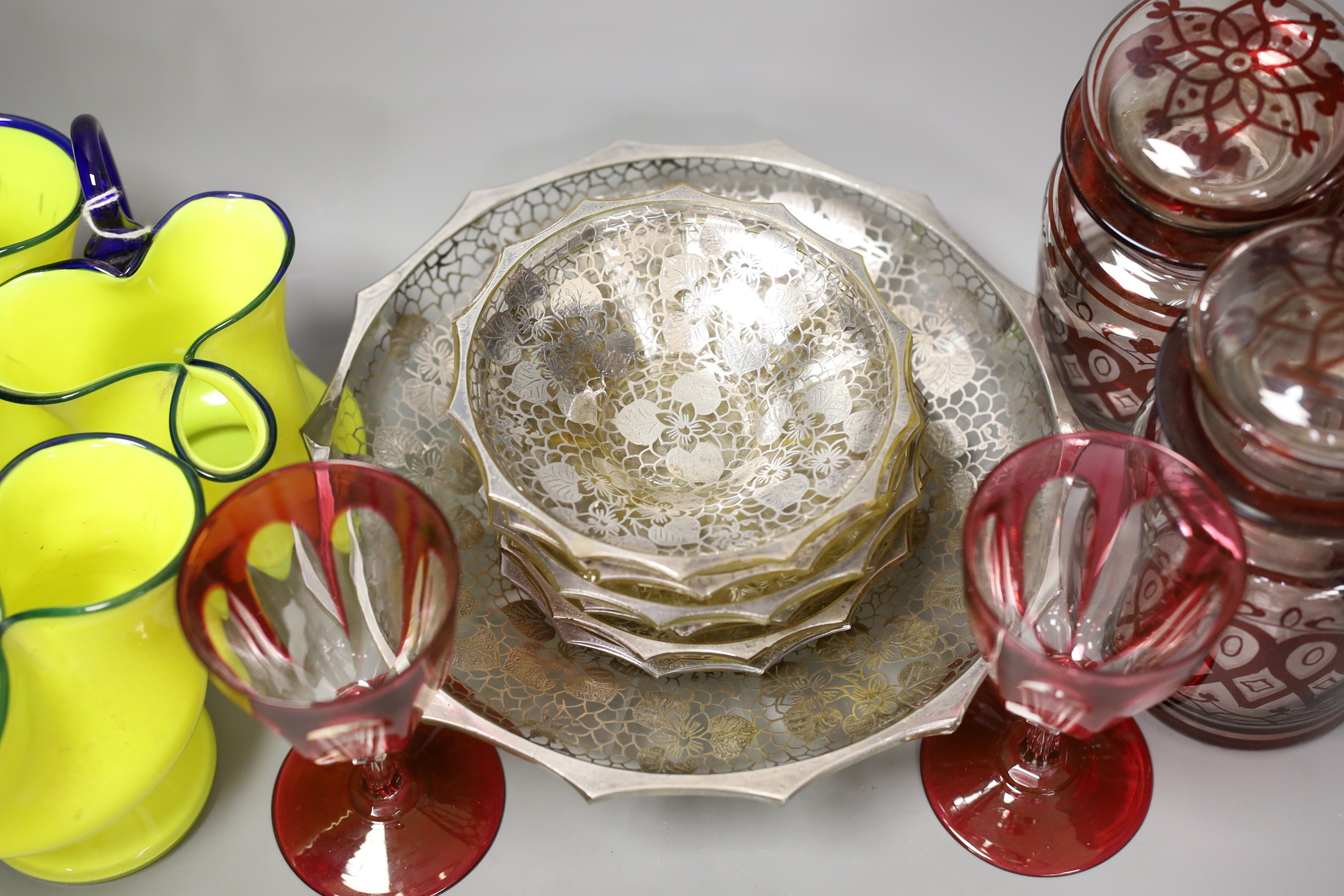A pair of ruby flashed glass goblets, three ruby and glass pickle jars and other sundry glassware